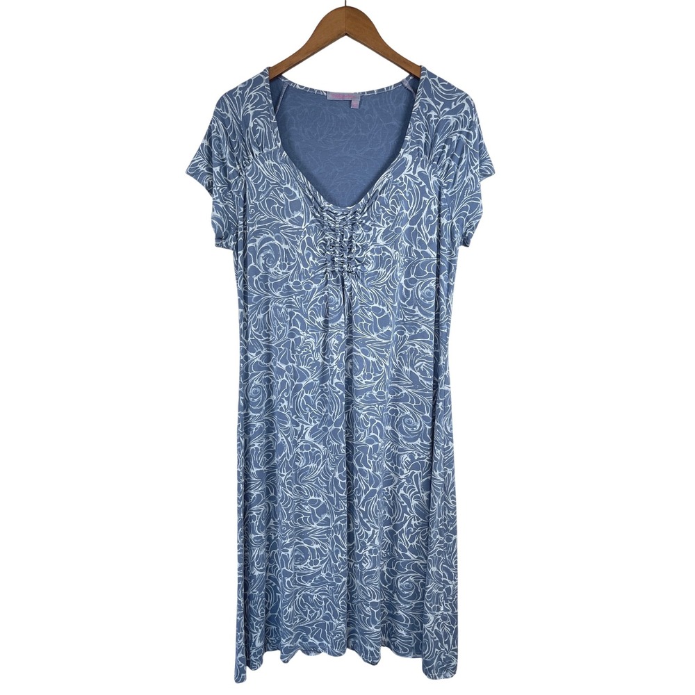 Fresh Produce Emma Paisley V-Neck Dress XL Blue White Stretch Coastal Casual USA